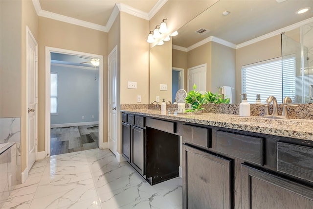 full bathroom with marble finish floor, visible vents, crown molding, and baseboards