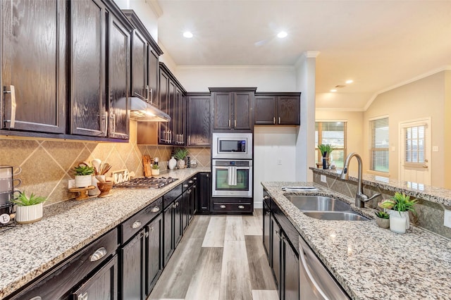 kitchen with dark brown cabinetry, stainless steel appliances, a sink, light wood finished floors, and crown molding