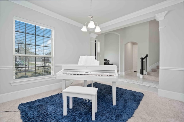 misc room with a chandelier, crown molding, and light colored carpet