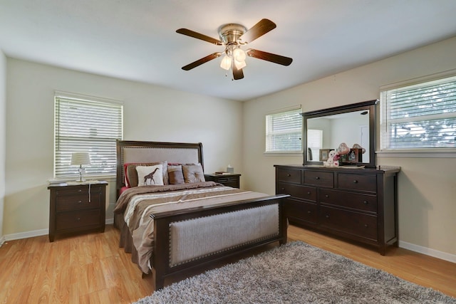 bedroom featuring ceiling fan and light wood-type flooring