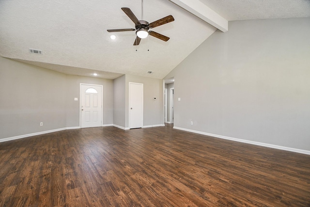 unfurnished living room with a textured ceiling, vaulted ceiling with beams, ceiling fan, and dark wood-type flooring