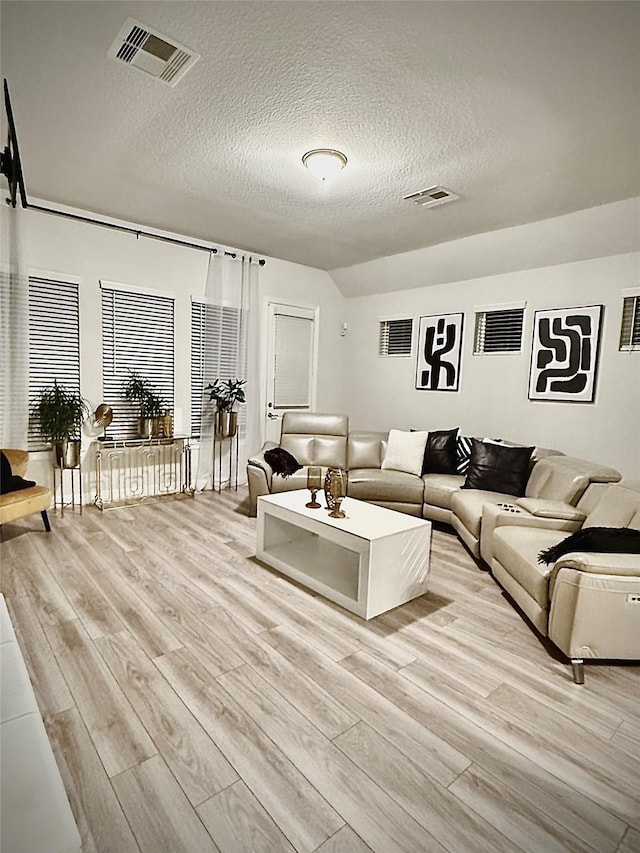 living room featuring a textured ceiling and light hardwood / wood-style flooring