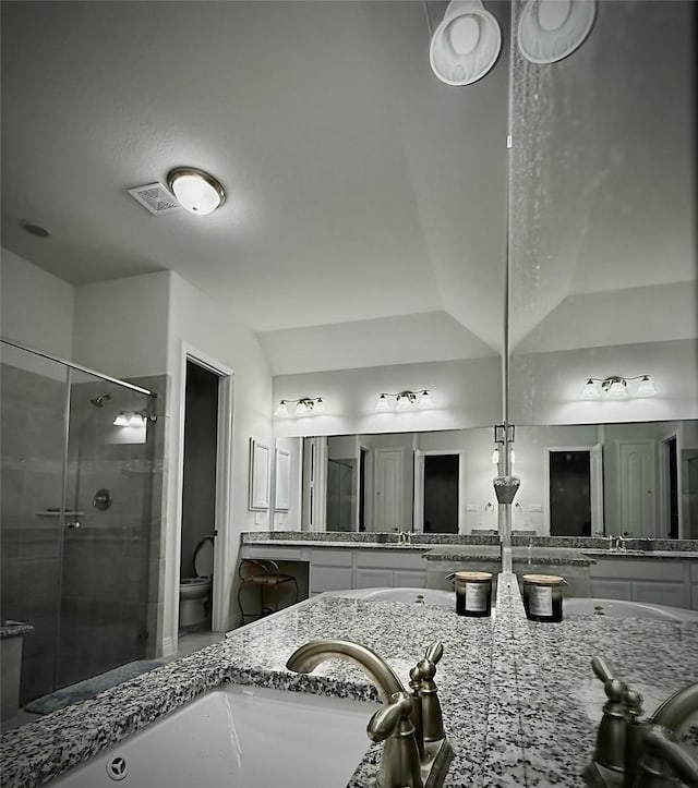 bathroom with vanity, toilet, a shower with door, and lofted ceiling