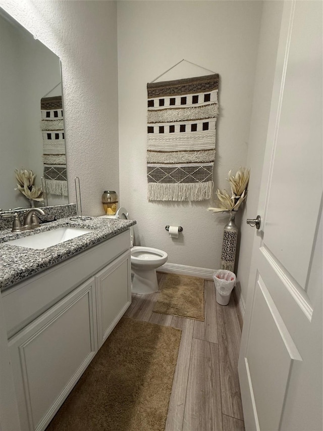 bathroom featuring vanity, wood-type flooring, and toilet