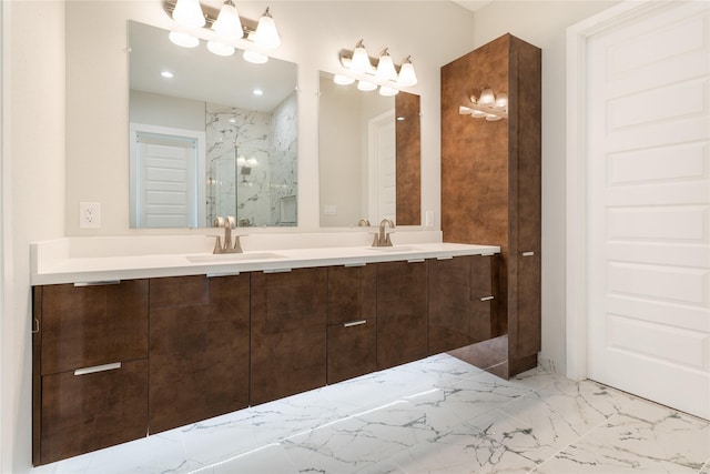 bathroom featuring vanity and a shower with shower door