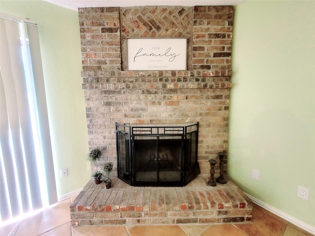 room details featuring a brick fireplace