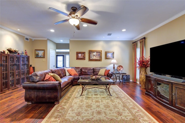 living room featuring ceiling fan, ornamental molding, and dark wood-type flooring