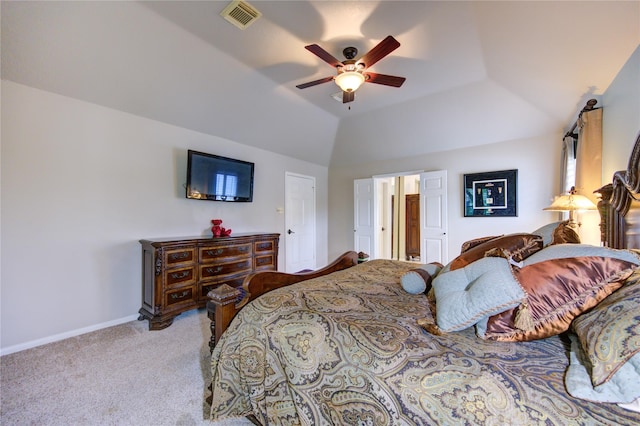 bedroom featuring light carpet, ceiling fan, and lofted ceiling