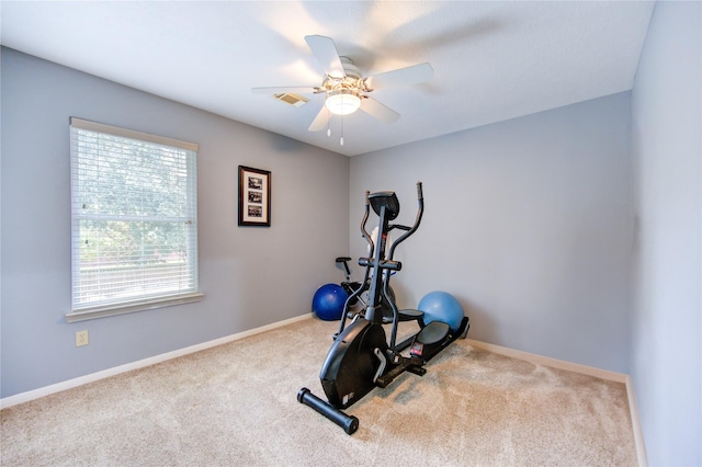 exercise room featuring carpet flooring and ceiling fan