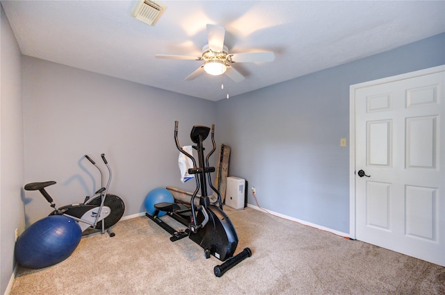 workout area with carpet flooring and ceiling fan