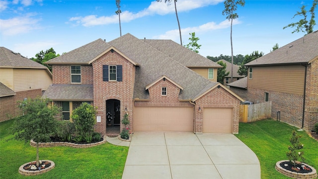 view of front of property featuring a garage and a front lawn