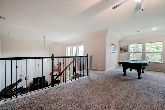 recreation room with carpet floors, ceiling fan, and billiards