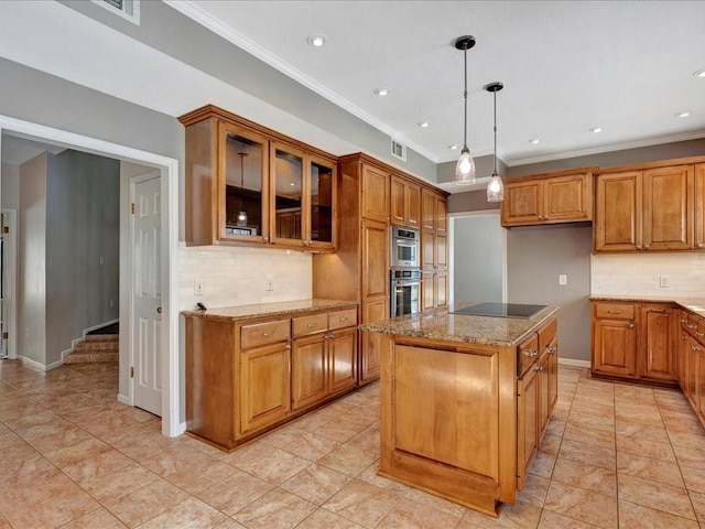 502 Crown Colony Dr, Lufkin, TX 75901 - kitchen featuring brown cabinets, ornamental molding, light stone countertops, tasteful backsplash, and glass insert cabinets