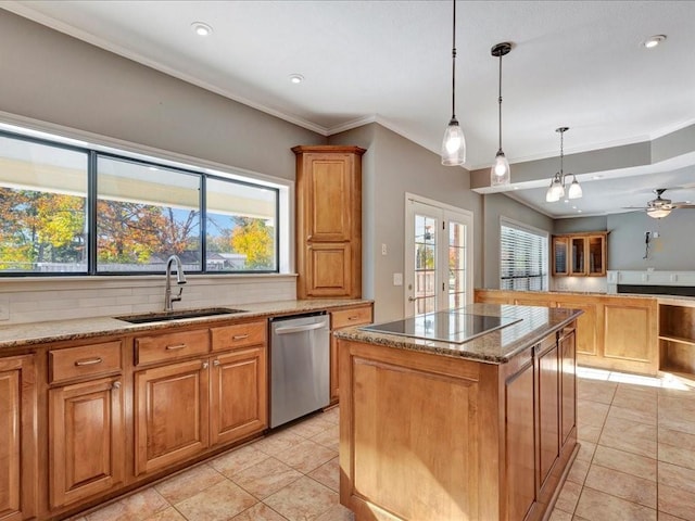 502 Crown Colony Dr, Lufkin, TX 75901 - kitchen featuring dishwasher, a sink, black electric cooktop, ornamental molding, and a kitchen island