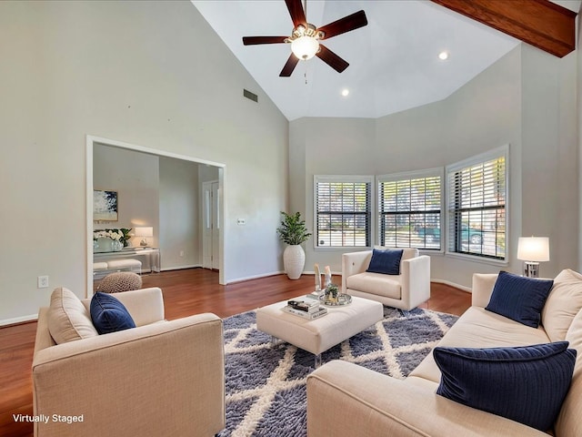 502 Crown Colony Dr, Lufkin, TX 75901 - living room with high vaulted ceiling, a ceiling fan, wood finished floors, baseboards, and recessed lighting