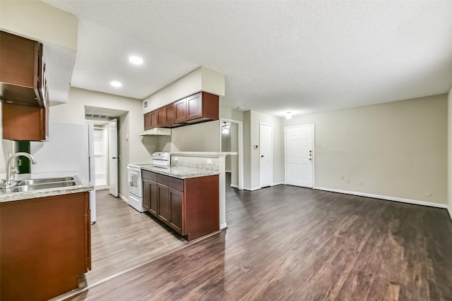 kitchen with sink, hardwood / wood-style floors, a textured ceiling, and white electric stove