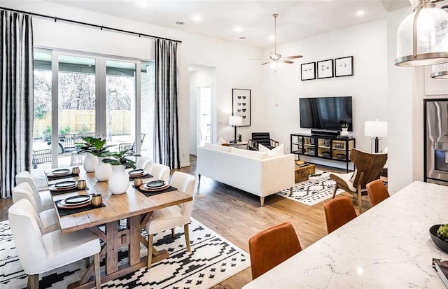 living room with ceiling fan and wood-type flooring