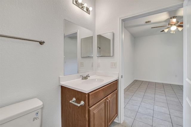 bathroom with ceiling fan, tile patterned flooring, vanity, and toilet