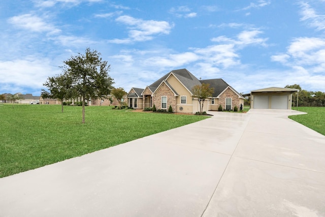 ranch-style home with a front yard and a garage