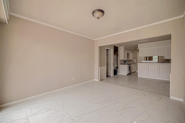 unfurnished living room with crown molding