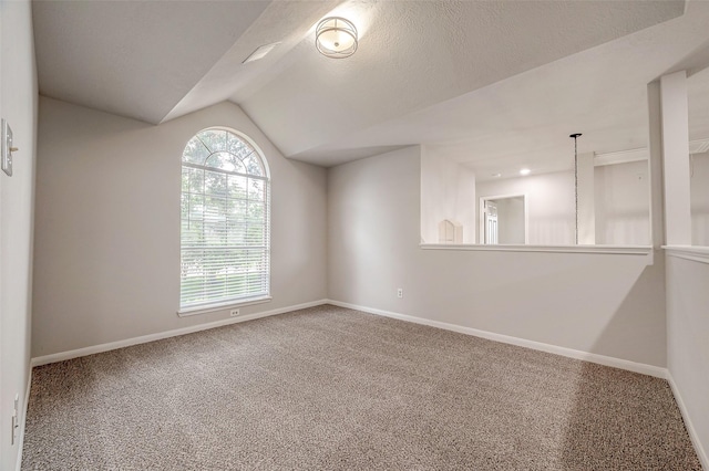 carpeted spare room with lofted ceiling and a textured ceiling