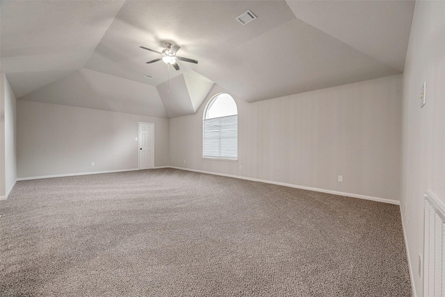 bonus room featuring carpet floors, ceiling fan, and lofted ceiling