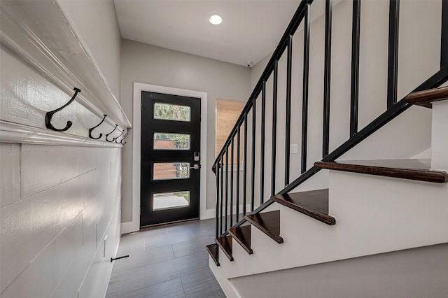 entryway featuring stairway and recessed lighting