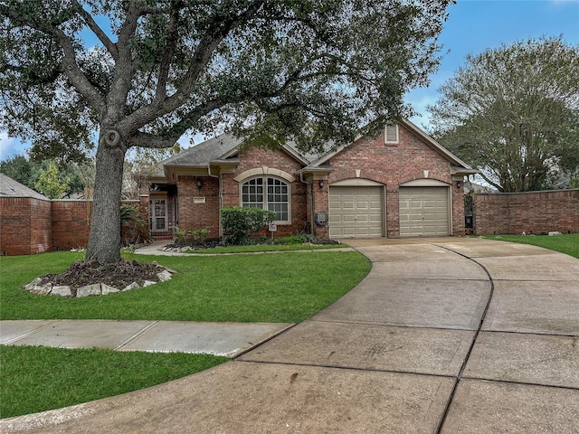 ranch-style home with a garage and a front lawn