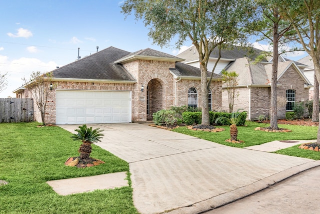 view of front of property with a front yard and a garage