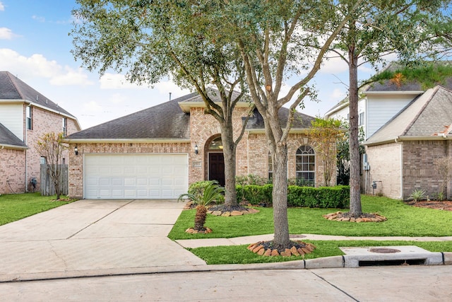 view of front of property featuring a garage and a front lawn