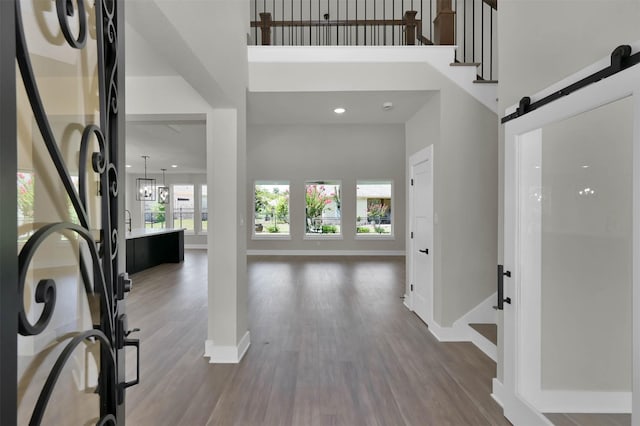 foyer with a barn door, a healthy amount of sunlight, and hardwood / wood-style flooring