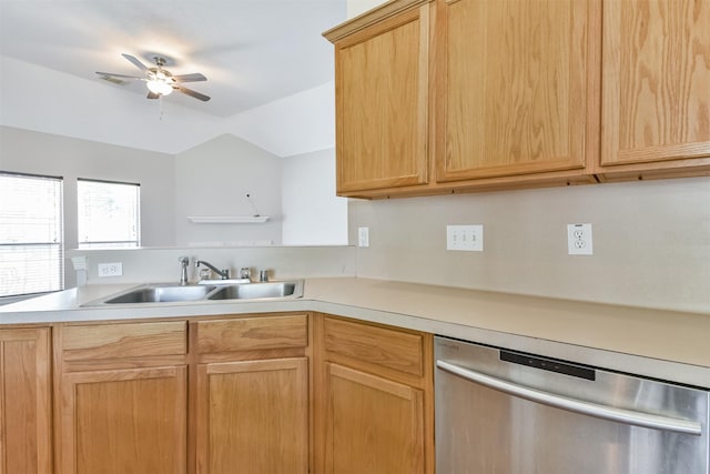 kitchen featuring sink, ceiling fan, light brown cabinetry, and stainless steel dishwasher