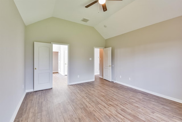 unfurnished bedroom with ceiling fan, light hardwood / wood-style flooring, and high vaulted ceiling