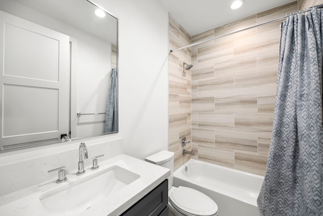 full bathroom with vanity, toilet, and shower / bathtub combination with curtain