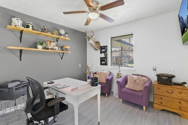 office space featuring a textured ceiling, ceiling fan, and light hardwood / wood-style floors