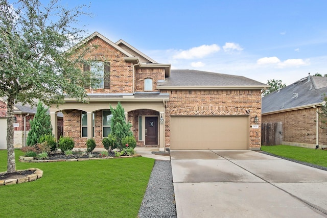 view of front property featuring a front lawn and a garage