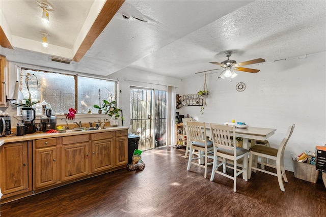 kitchen featuring ceiling fan, sink, a textured ceiling, and dark wood-type flooring