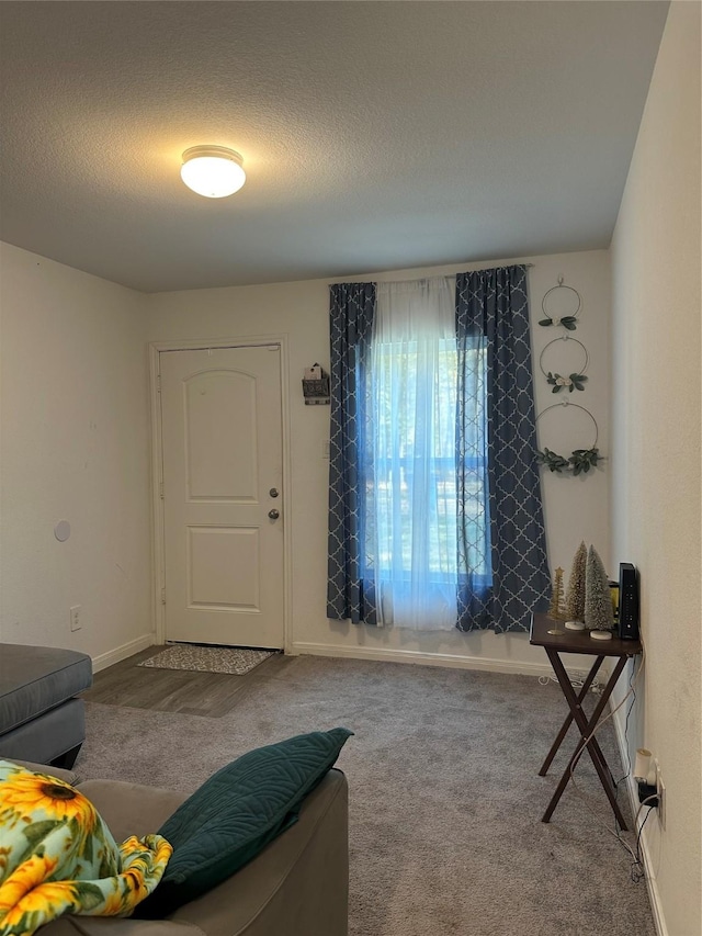 carpeted entrance foyer featuring a textured ceiling