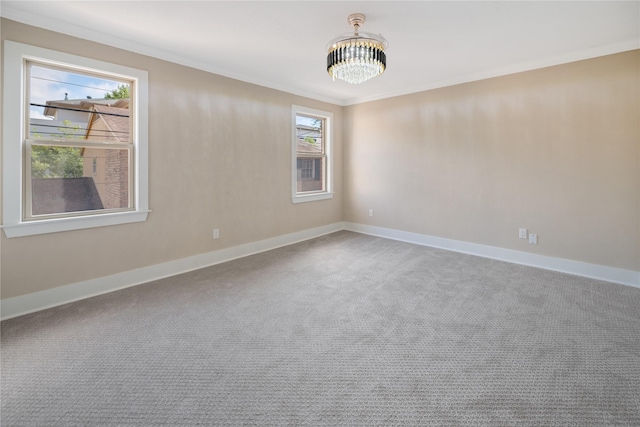 unfurnished room featuring carpet flooring, a healthy amount of sunlight, and ornamental molding