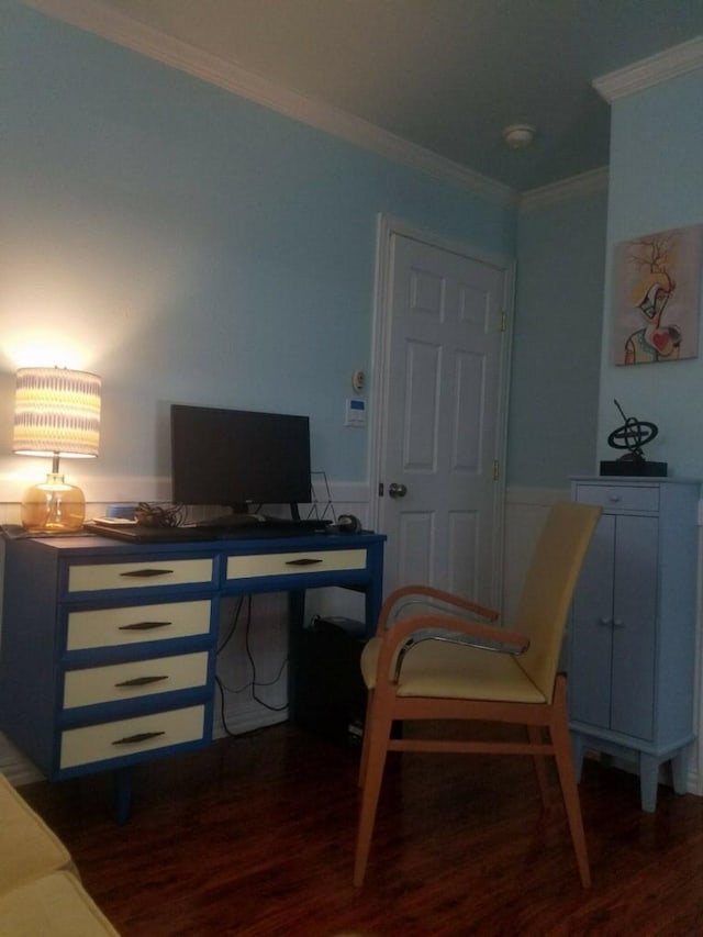 home office featuring ornamental molding and wood finished floors