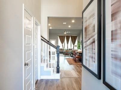 entrance foyer featuring ceiling fan and wood-type flooring