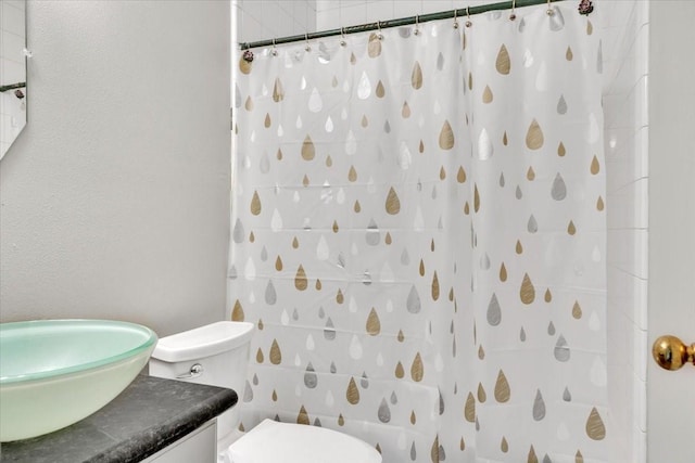 bathroom featuring a shower with curtain, vanity, and toilet