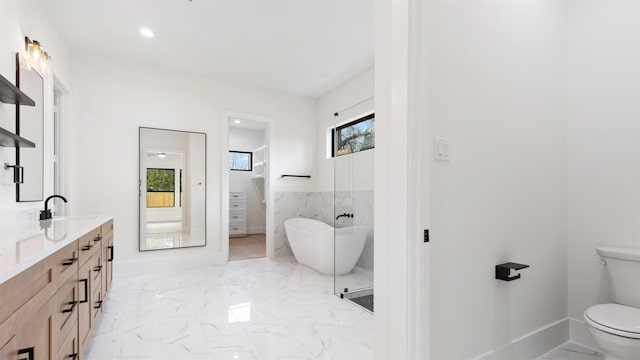 bathroom featuring a bath, vanity, and toilet