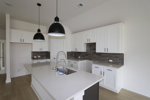 kitchen featuring light wood-type flooring, a kitchen island with sink, a sink, and backsplash