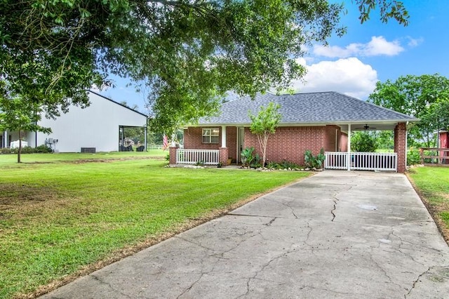 single story home featuring a front lawn and a porch