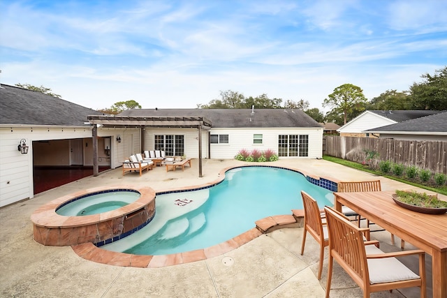 view of pool featuring a patio, an outdoor hangout area, fence, outdoor dining area, and a pool with connected hot tub