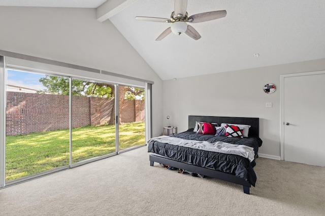 bedroom featuring multiple windows, carpet flooring, lofted ceiling with beams, and ceiling fan