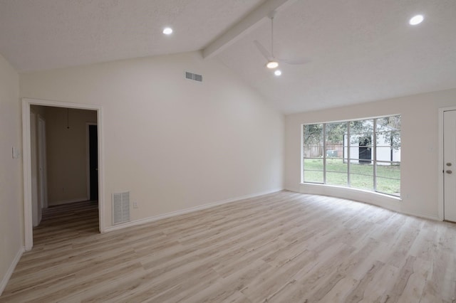 empty room featuring beam ceiling, light hardwood / wood-style floors, high vaulted ceiling, and ceiling fan