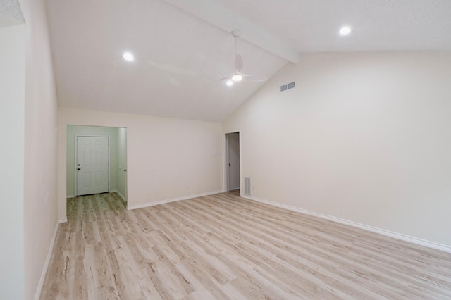 empty room featuring beamed ceiling, light hardwood / wood-style floors, high vaulted ceiling, and ceiling fan