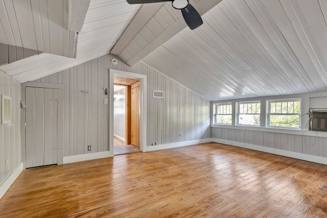 additional living space with ceiling fan, wooden ceiling, vaulted ceiling, wooden walls, and light wood-type flooring